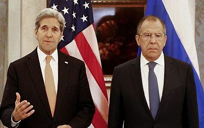 US Secretary of State John Kerry and Russia's Foreign Minister Sergey Lavrov addressing the attacks in Paris before a meeting in Vienna, Austria, Saturday Nov.14, 2015. (Photo by Leonhard Foeger/Pool Photo via AP)