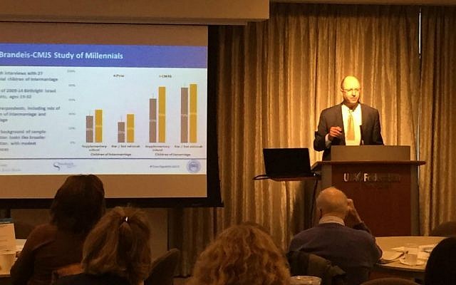 Professor Theodore Sasson, Senior Research Scientist at Brandeis University’s Cohen Center for Modern Jewish Studies, presents the new study, 'Millennial Children of Intermarriage: Touchpoints and Trajectories of Jewish Engagement' in New York, October 2015. (courtesy) Professor Theodore Sasson, Senior Research Scientist at Brandeis University’s Cohen Center for Modern Jewish Studies, presents the new study, 'Millennial Children of Intermarriage: Touchpoints and Trajectories of Jewish Engagement' in New York, October 2015. (courtesy)