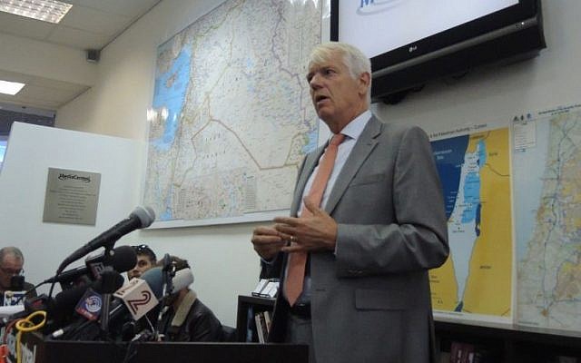Lars Faaborg-Anderson, the EU ambassador to Israel, addresses the media on November 11, 2015 after the EU adopted guidelines to label products from the West Bank. (Melanie Lidman/Times of Israel)