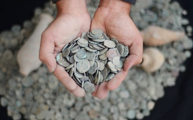 Ancient coins confiscated from an antiquities dealer in northern Israel suspected of illegal sale of artifacts on November 24, 2015. (Israel Antiquities Authority) Ancient coins confiscated from an antiquities dealer in northern Israel suspected of illegal sale of artifacts on November 24, 2015. (Israel Antiquities Authority)