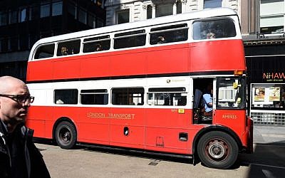 London transport: An old classic double-decker bus in London on April 23, 2015. (Gili Yaari/Flash90)