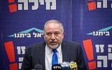 Yisrael Beytenu chairman MK Avigdor Liberman leads a party meeting in the Knesset, October 19, 2015. (Miriam Alster/Flash90)