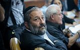 Then-economy minister Aryeh Deri  in Jerusalem, October 25, 2015. (Alex Kolomoisky/Pool)