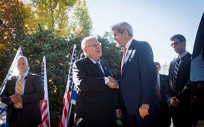 US Secretary of State, John Kerry, meets with Israeli president Reuven Rivlin, at the president's residence in Jerusale, during an official visit to the region, on November 24, 2015. (Miriam Alster/FLASH90)