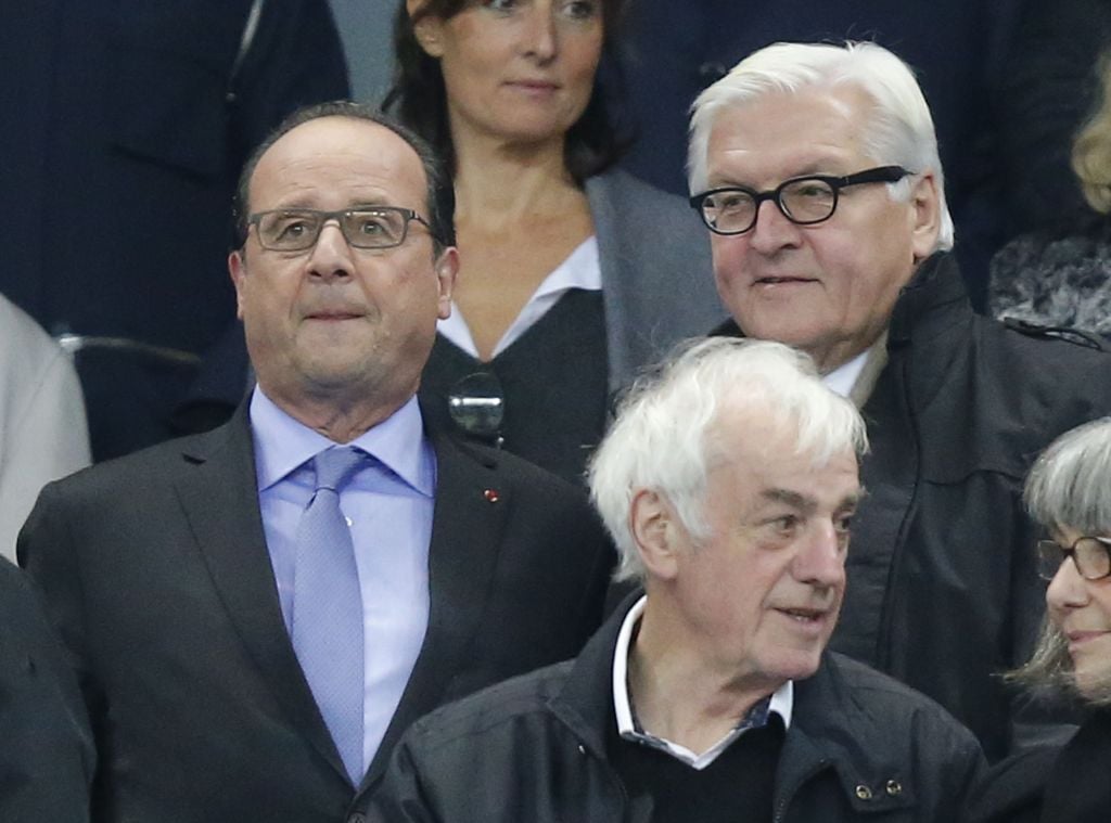 French President Francois Hollande, left, and German Foreign Minister Frank-Walter Steinmeier watch the international friendly soccer match France against Germany at the Stade de France stadium in Saint Denis, outside Paris, Friday Nov. 13, 2015. (AP Photo/Michel Euler) French President Francois Hollande, left, and German Foreign Minister Frank-Walter Steinmeier watch the international friendly soccer match France against Germany at the Stade de France stadium in Saint Denis, outside Paris, Friday Nov. 13, 2015. (AP Photo/Michel Euler)