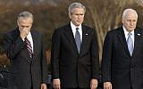 Secretary of Defense Donald Rumsfeld, left, pauses as President George W. Bush, and Vice President Dick Cheney participate in Rumsfeld's farewell ceremony at the Pentagon in Washington, Dec. 15, 2006. (AP Photo/J. Scott Applewhite, File)