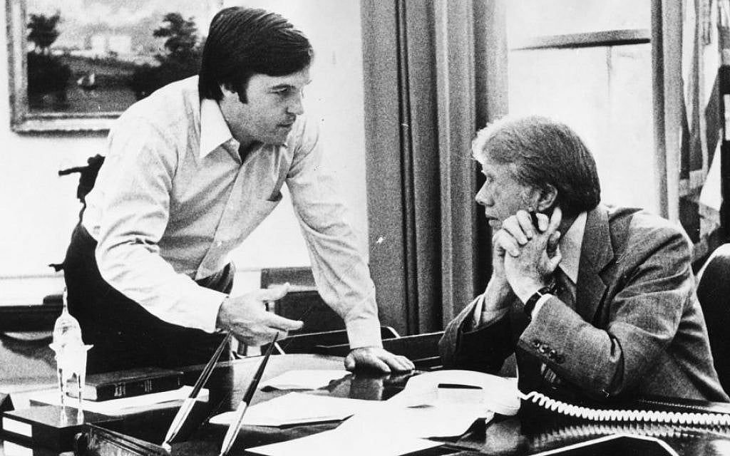 Hamilton Jordan, left, then the White House chief of staff, speaking with president Jimmy Carter at the White House, July 19, 1979. (Keystone/Hulton Archive/Getty Images/via JTA) Hamilton Jordan, left, then the White House chief of staff, speaking with president Jimmy Carter at the White House, July 19, 1979. (Keystone/Hulton Archive/Getty Images/via JTA)