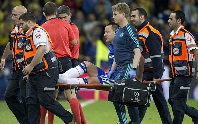 Chelsea’s John Terry is taken on a stretcher during Group G Champions League soccer match against Maccabi Tel Aviv in Haifa, Israel, Tuesday, Nov. 24, 2015. (AP Photo/Ariel Schalit) Chelsea’s John Terry is taken on a stretcher during Group G Champions League soccer match against Maccabi Tel Aviv in Haifa, Israel, Tuesday, Nov. 24, 2015. (AP Photo/Ariel Schalit)