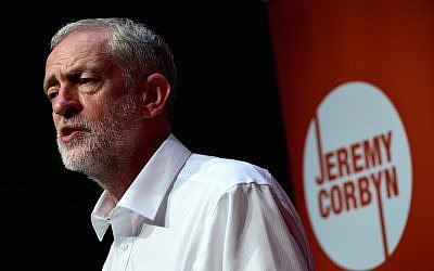 UK Labour leader Jeremy Corbyn delivering a speech during his successful leadership campaign on August 14, 2015, in Edinburgh Scotland. (Mark Runnacles/Getty Images, via JTA)