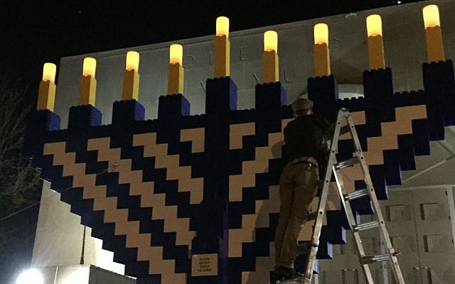 Testing the lights on the EverBlock Systems menorah in Washington, DC, November 2015.  (Courtesy)
