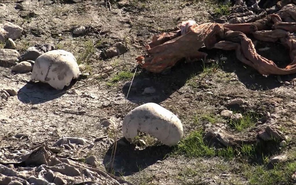 In this image made from video taken on Sunday, Nov. 22, 2015, skulls remain at the site of a purported mass grave in the city of Sinjar, northern Iraq after it was retaken from Islamic State fighters. (AP via AP video)