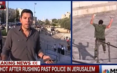 Illustrative: Screen capture of MSNBC reporter Ayman Mohyeldin during a broadcast in which he erroneously claimed that a Palestinian shot by security forces as he carried out a knife attack was unarmed. (YouTube/MBC NESS)