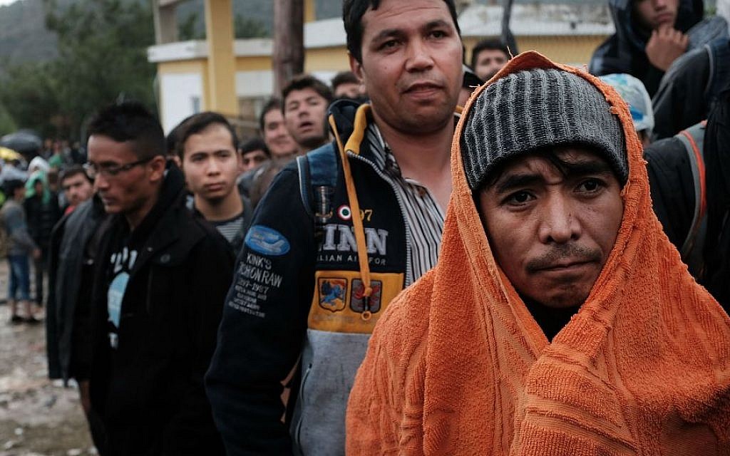 Migrants waiting to be processed at the increasingly overwhelmed Moria camp on the island of Lesbos in Greece, October 21, 2015. (Spencer Platt/Getty Images/via JTA) Migrants waiting to be processed at the increasingly overwhelmed Moria camp on the island of Lesbos in Greece, October 21, 2015. (Spencer Platt/Getty Images/via JTA)