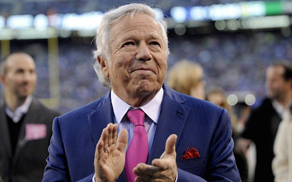 Owner Robert Kraft of the New England Patriots clapping his hands as he walks off the field prior to a game against the New York Giants at MetLife Stadium in East Rutherford, New Jersey, November 15, 2015. (Nick Cammett/Diamond Images via Getty Images/via JTA) Owner Robert Kraft of the New England Patriots clapping his hands as he walks off the field prior to a game against the New York Giants at MetLife Stadium in East Rutherford, New Jersey, November 15, 2015. (Nick Cammett/Diamond Images via Getty Images/via JTA)