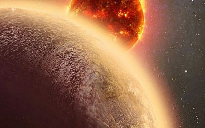 This artist’s conception made by Dana Berry of SkyWorks and provided by NASA shows GJ 1132b, foreground, a rocky planet similar to the Earth in size and mass, orbiting a red dwarf star. The planet is 39 light-years away - within the atmospheric study range of the Hubble Space Telescope. (Dana Berry/SkyWorks/NASA via AP)