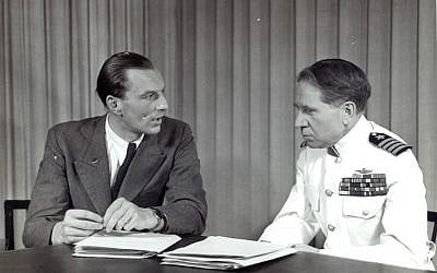 This undated photograph provided by courtesy of Duquesne University/Musmanno Collection shows Baron von Loringhoven, left, Hitler’s aide-de-camp, with Judge Michael Musmanno, included in the documentary film, “The Day Hitler Died." (Duquesne University/Musmanno Collection via AP)