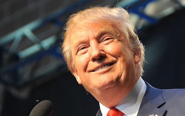 Republican presidential candidate Donald Trump speaking at the Iowa Faith & Freedom Coalition 15th Annual Family Banquet and Presidential Forum held at the Iowa State fairgrounds in Des Moines, Iowa, Sept. 19, 2015. (Steve Pope/Getty Images via JTA)