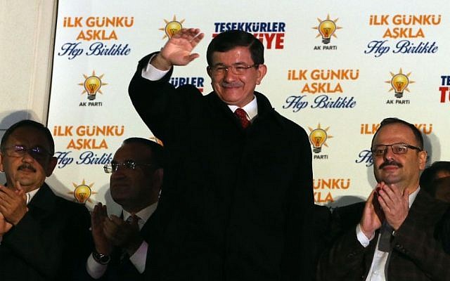 Turkish Prime Minister Ahmet Davutoglu salutes supporters gathered outside ruling Justice and Development Party headquarters in Ankara, Turkey, Sunday, Nov. 1, 2015. (AP/Burhan Ozbilici) Turkish Prime Minister Ahmet Davutoglu salutes supporters gathered outside ruling Justice and Development Party headquarters in Ankara, Turkey, Sunday, Nov. 1, 2015. (AP/Burhan Ozbilici)