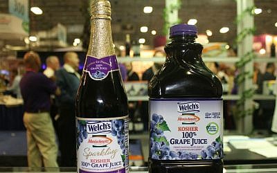 Bottles of Welch's/Manischewitz grape juice at Kosherfest in Secaucus, New Jersey. (Uriel Heilman/JTA)