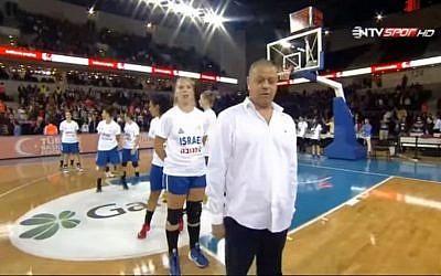 Members of the Israeli women's national basketball team react as fans pelt them with objects before a game in Ankara, Turkey, on Saturday, November 21, 2015 (YouTube screenshot)