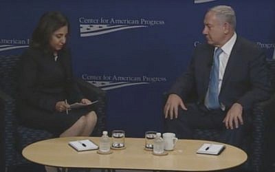 Prime Minister Benjamin Netanyahu and CAP President Neera Tanden in a discussion in Washington DC on November 10, 2015 (screen capture: YouTube)