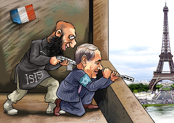 An Iranian cartoon depicts Prime Minister Benjamin Netanyahu aiding an Islamic State shooter in Paris. An Iranian cartoon depicts Prime Minister Benjamin Netanyahu aiding an Islamic State shooter in Paris.