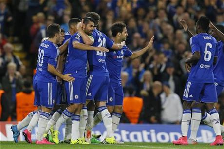 Chelsea players hug teammate Diego Costa, center left, after he scored during the Champions League group G soccer match between Chelsea and Maccabi Tel Aviv at Stamford Bridge stadium in London, Wednesday, Sept. 16, 2015 (AP/Kirsty Wigglesworth) Chelsea players hug teammate Diego Costa, center left, after he scored during the Champions League group G soccer match between Chelsea and Maccabi Tel Aviv at Stamford Bridge stadium in London, Wednesday, Sept. 16, 2015 (AP/Kirsty Wigglesworth)