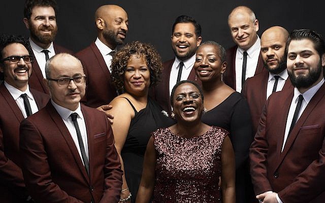 Gabe Roth, far left, with his band Sharon Jones and the Dap Kings, a meticulously retro soul group with several Jewish members. (Jacob Blickenstaff via JTA) Gabe Roth, far left, with his band Sharon Jones and the Dap Kings, a meticulously retro soul group with several Jewish members. (Jacob Blickenstaff via JTA)