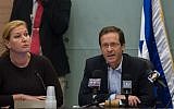 Zionist Union Member of Knesset Tzipi Livni (left) and Zionist Union Chairman Isaac Herzog (right) at a party meeting at the Knesset on November 2, 2015. (Miriam Alster/Flash90)