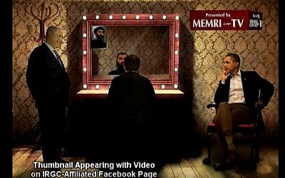 Screenshot of a thumbnail image of US President Barack Obama, Israeli Prime Minister Benjamin Netanyahu and Islamic State leader Abu Bakr Al-Baghdadi appearing to converse with one another, posted by the office of Iranian Supreme Leader Ayatollah Ali Khamenei alongside a video claiming that the US is behind IS. (YouTube screenshot/MEMRI)