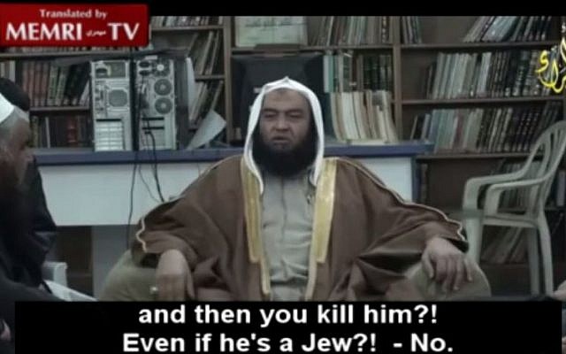 Sheikh Abdullah el-Alawneh speaks out against killing Jews (Memri screenshot) Sheikh Abdullah el-Alawneh speaks out against killing Jews (Memri screenshot)