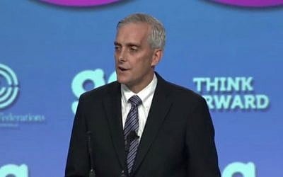 Denis McDonough speaking to the General Assembly of the Jewish Federations of North America, in Washington, DC, November 10, 2015. (screen shot)