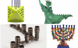 Four flashy new menorahs for 2015. Clockwise from top left: The Octagon, Statue of Liberty, The Pomegranate Tree, and the Bicycle Chain menorah. (JTA)