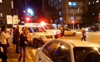 Emergency personnel at the scene of a stabbing attack in the coastal city of Netanya on November 2, 2015 (screen capture: Channel 2)