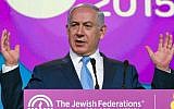 Prime Minister Benjamin Netanyahu addresses the Jewish Federations General Assembly in Washington DC on November 10, 2015. (Ron Sachs, JFNA)