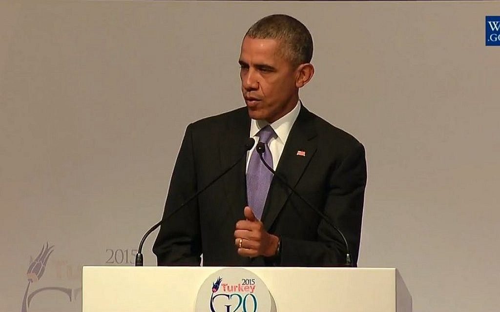 US President Barack Obama addresses the G20 summit in Istanbul on Monday, November 16, 2015 (screen capture: YouTube)