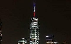 One World Trade Center lights up in the colors of the French flag after deadly Paris attacks, November 13, 2015. (New York Governor's office)