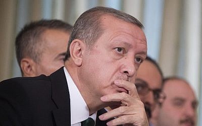 Turkish President Recep Tayyip Erdogan looks on at the US Chief of Missions Residence during a bilateral meeting December 1, 2015. (AFP Photo/Jim Watson)