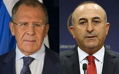 (COMBO) This combination of pictures created on December 03, 2015 shows a file photo taken on September 27, 2015 of Russia Foreign Minister Sergey Lavrov (R) and a file photo taken on July 25, 2015 of Turkish Foreign Minister Mevlut Cavusoglu. Lavrov said on December 2, 2015 he was willing to meet his Turkish counterpart this week for the two countries' first high-level face-to-face talks since Ankara shot down one of Moscow's warplanes. / AFP / ADEM ALTAN AND DOMINICK REUTER