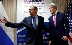 Russian Foreign Minister Sergei Lavrov (L) invites US Secretary of State John Kerry to a sitting area as he arrives for their bilateral meeting alongside the annual Organization for Security and Cooperation in Europe (OSCE) Ministerial Council meeting in Belgrade on December 3, 2015. (AFP/POOL/JONATHAN ERNST)
