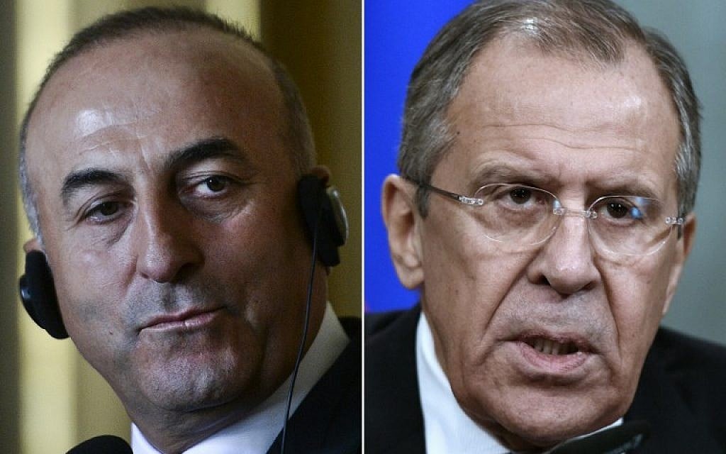 This combination of pictures created on December 03, 2015 shows a file taken on July 27, 2015 in Lisbon, of Turkish foreign minister Mevlut Cavusoglu (L) and a file taken on November 27, 2015 in Moscow of Russian Foreign Minister Sergei Lavrov. (AFP / PATRICIA DE MELO MOREIRA AND VASILY MAXIMOV)