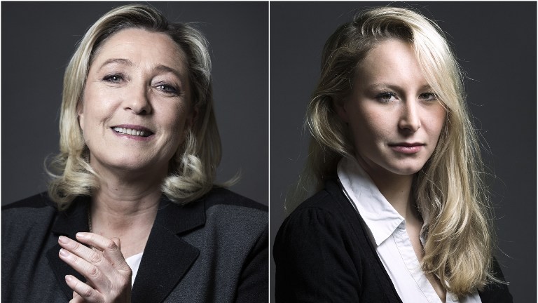 Marine Le Pen (left), president of the French far-right Front National (FN) party, and her niece Marion Marechal-Le Pen, FN member of parliament. Photo combination made on December 9, 2015. (JOEL SAGET/AFP) Marine Le Pen (left), president of the French far-right Front National (FN) party, and her niece Marion Marechal-Le Pen, FN member of parliament. Photo combination made on December 9, 2015. (JOEL SAGET/AFP)