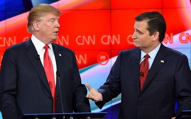 Republican presidential candidate businessman Donald Trump (L) speaks with Texas Sen. Ted Cruz during a break in the Republican Presidential Debate, hosted by CNN, at The Venetian Las Vegas on December 15, 2015 in Las Vegas, Nevada (AFP PHOTO/Robyn Beck) Republican presidential candidate businessman Donald Trump (L) speaks with Texas Sen. Ted Cruz during a break in the Republican Presidential Debate, hosted by CNN, at The Venetian Las Vegas on December 15, 2015 in Las Vegas, Nevada (AFP PHOTO/Robyn Beck)