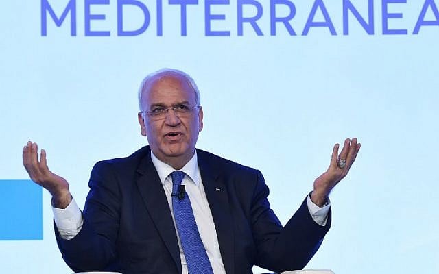 PLO Secretary-General Saeb Erekat delivers a speech during the Mediterranean Dialogues (MED), a three-day conference on security in the Mediterranean region, on December 11, 2015 in Rome. (AFP PHOTO/ALBERTO PIZZOLI) PLO Secretary-General Saeb Erekat delivers a speech during the Mediterranean Dialogues (MED), a three-day conference on security in the Mediterranean region, on December 11, 2015 in Rome. (AFP PHOTO/ALBERTO PIZZOLI)
