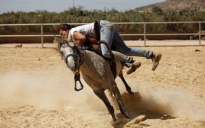 Druze horsewoman and trainer Rajaa Kheir battles to saddle a stray horse on September 17, 2015, at her ranch in the Druze town of Majdal Shams, in the southern foothills of Mount Hermon, north of the Golan Heights. (AFP/JALAA MAREY)