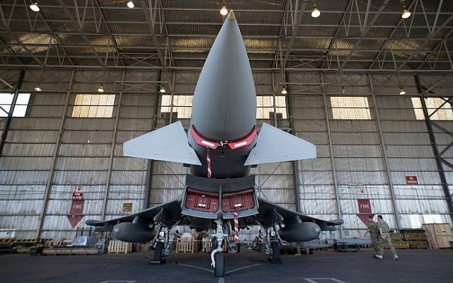 A Royal Air Force (RAF) Eurofighter Typhoon fighter jet sits on the tarmac at the RAF Akrotiri airbase, near Limassol, Cyprus, on December 5, 2015. British warplanes are flying operations against Islamic State (IS) jihadists in both Syria and Iraq from the RAF base of Akrotiri. (AFP/STR) A Royal Air Force (RAF) Eurofighter Typhoon fighter jet sits on the tarmac at the RAF Akrotiri airbase, near Limassol, Cyprus, on December 5, 2015. British warplanes are flying operations against Islamic State (IS) jihadists in both Syria and Iraq from the RAF base of Akrotiri. (AFP/STR)