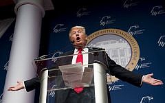 Republican Presidential hopeful Donald Trump speaks during the 2016 Republican Jewish Coalition Presidential Candidates Forum in Washington, DC, December 3, 2015 (AFP PHOTO / SAUL LOEB)