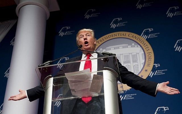 Republican Presidential hopeful Donald Trump speaks during the 2016 Republican Jewish Coalition Presidential Candidates Forum in Washington, DC, December 3, 2015 (AFP PHOTO / SAUL LOEB) Republican Presidential hopeful Donald Trump speaks during the 2016 Republican Jewish Coalition Presidential Candidates Forum in Washington, DC, December 3, 2015 (AFP PHOTO / SAUL LOEB)