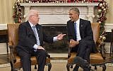 US President Barack Obama (right) talks with Israeli President Reuven Rivlin during a bilateral meeting at the White House in Washington, DC, December 9, 2015.  (AFP PHOTO/JIM WATSON)