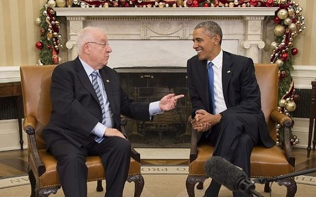 US President Barack Obama (right) talks with Israeli President Reuven Rivlin during a bilateral meeting at the White House in Washington, DC, December 9, 2015. (AFP PHOTO/JIM WATSON) US President Barack Obama (right) talks with Israeli President Reuven Rivlin during a bilateral meeting at the White House in Washington, DC, December 9, 2015. (AFP PHOTO/JIM WATSON)